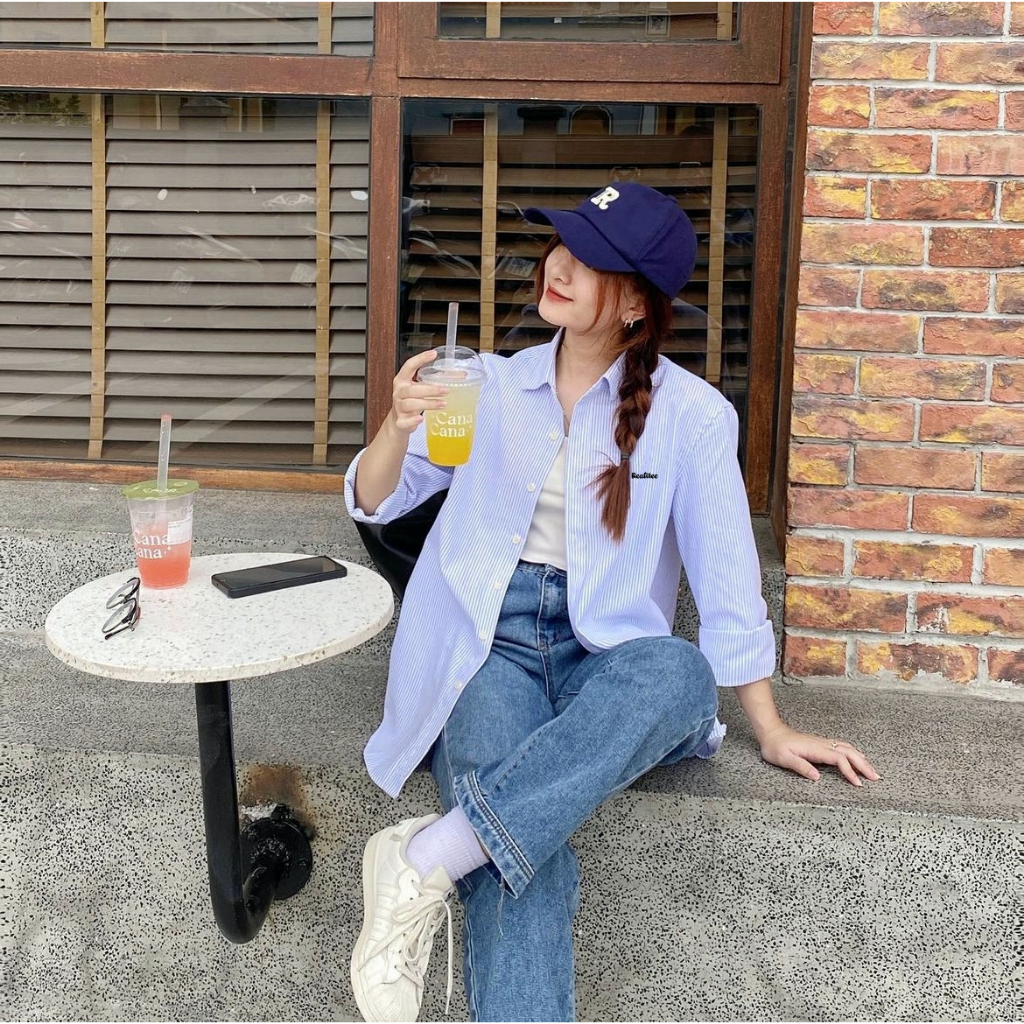 Áo Sơ Mi Oxford Dài Tay Kẻ Sọc Logo Thêu REALITEE