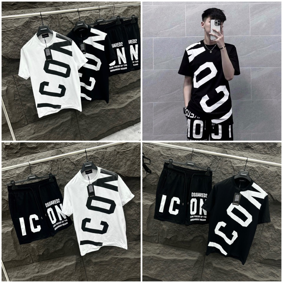Bộ quần áo nam cộc tay ICON in chéo áo, ngang quần đen trắng vải cotton phong cách boy phố năng động