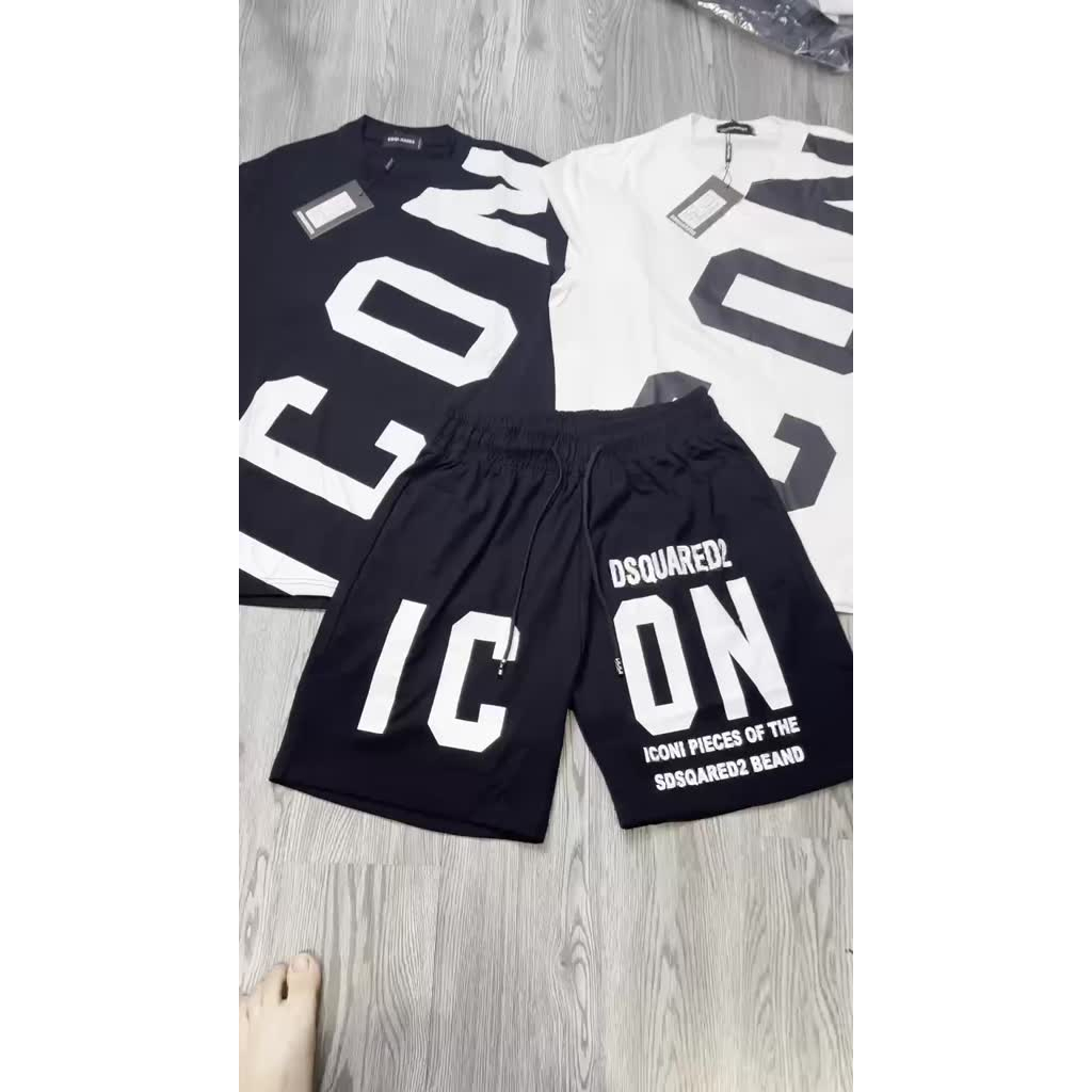 Bộ quần áo nam cộc tay ICON in chéo áo, ngang quần đen trắng vải cotton phong cách boy phố năng động | BigBuy360 - bigbuy360.vn