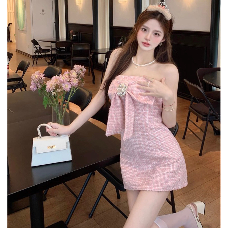 VIDEO ẢNH THẬT🖤Đầm ống dạ tweed màu hồng đính nơ+ đá lấp lánh xinh xắn ulzzang Hàn Quốc