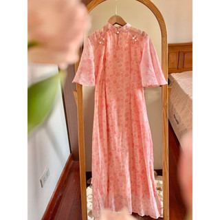 Đầm sườn xám tơ hai lớp hồng đào đính hạt trai truyền thống thanh lịch hợp mặc Lễ, Tết (ảnh thật tự chụp)