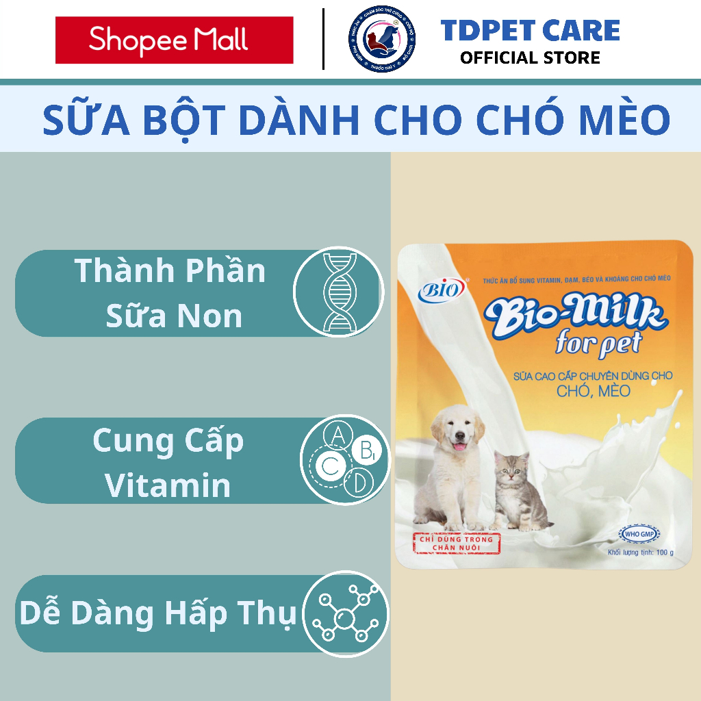 Hộp 15 Gói Sữa Bột TD Bio Milk Dành Cho Chó Mèo - Sữa Tươi Cung Cấp Đầy Đủ Vitamin Dành Cho Thú Cưng
