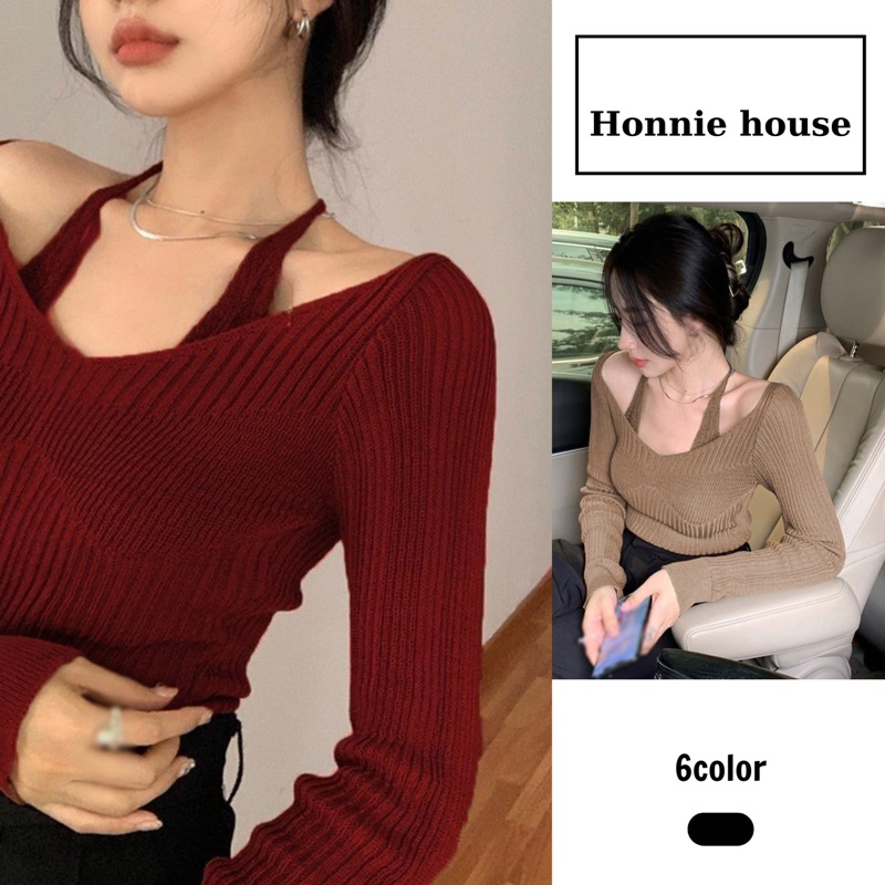 áo len dệt kim cổ tim ngang mix dây yếm buộc cổ sexy