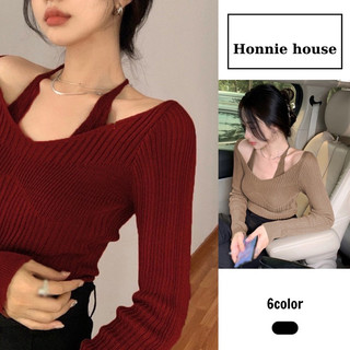 Áo len dệt kim cổ tim ngang mix dây yếm buộc cổ sexy