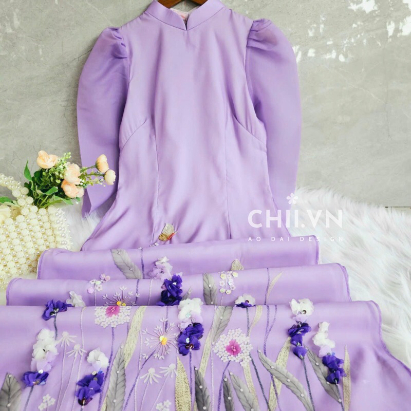 Áo Dài Cách Tân Vai Bồng Đính Kết Cao Cấp