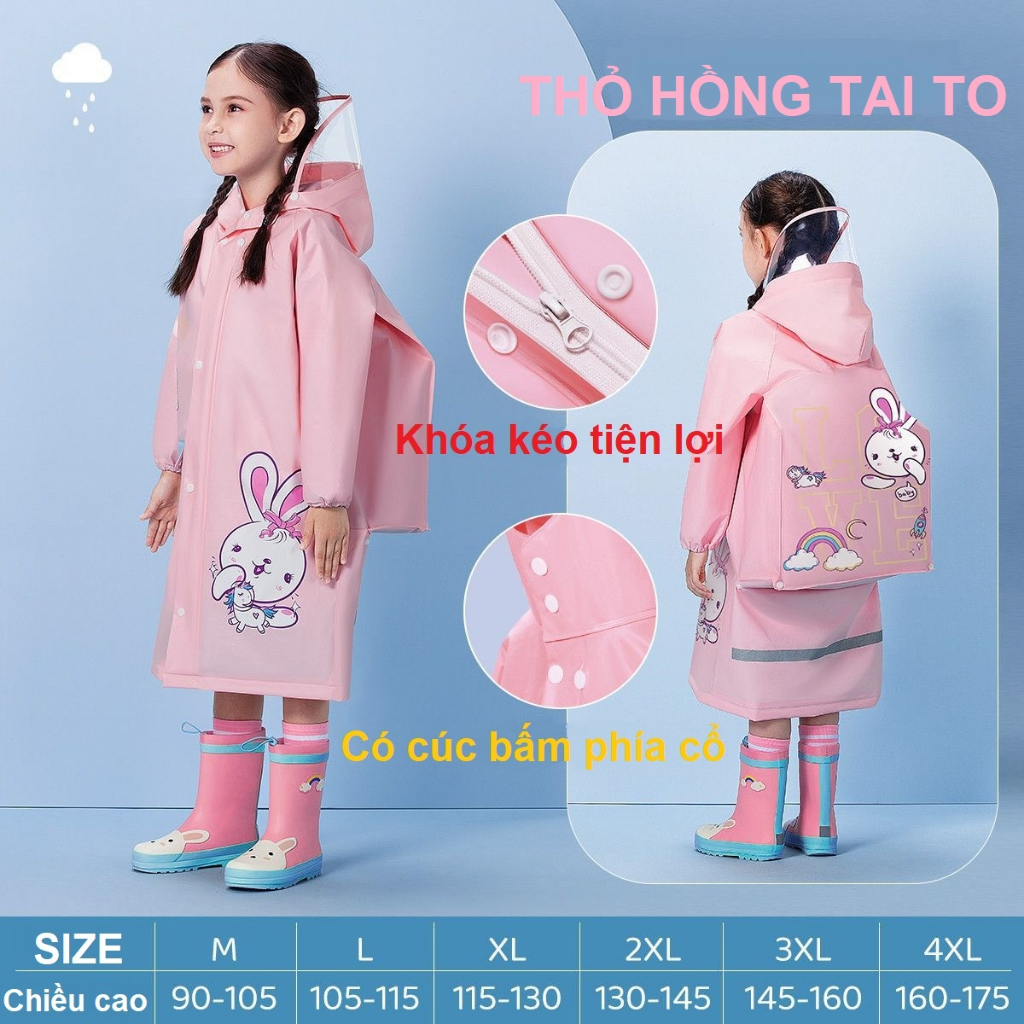 Áo mưa cho bé, áo mưa trẻ em siêu nhẹ, siêu dai, siêu bền cho bé trai bé gái cao từ 90-145cm, phiên bản 2023 có khóa kéo