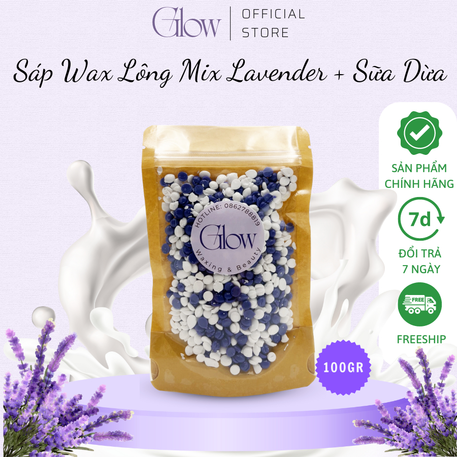 Sáp Wax Lông Nóng Mix Lavender + Sữa Dừa Chuyên Dụng Wax Bikini, Nách Mùi Thơm Nhẹ Nhàng Tặng Kèm Que GLOWWAXING Che Tên