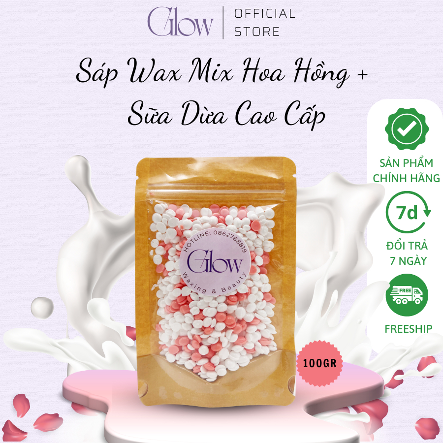 Sáp Wax Lông Mix Hoa Hồng + Sữa Dừa Cao Cấp Bám Lông, Chuyên Dụng Wax Bikini Glow Waxing Tặng Que Phết Sáp Che Tên SP