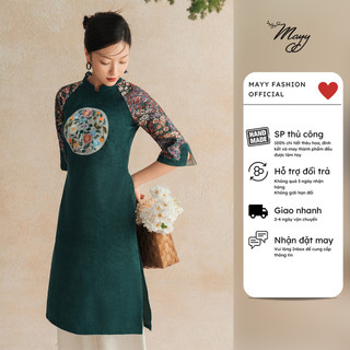 Áo dài cách tân nữ mayy fashion nhung tăm thêu hoa lục lam