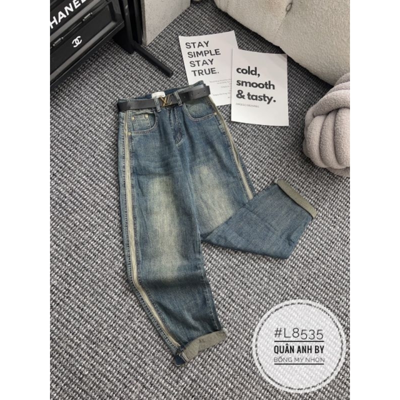 Quần baggy jeans loang viền màu kèm đai hàng QCL1