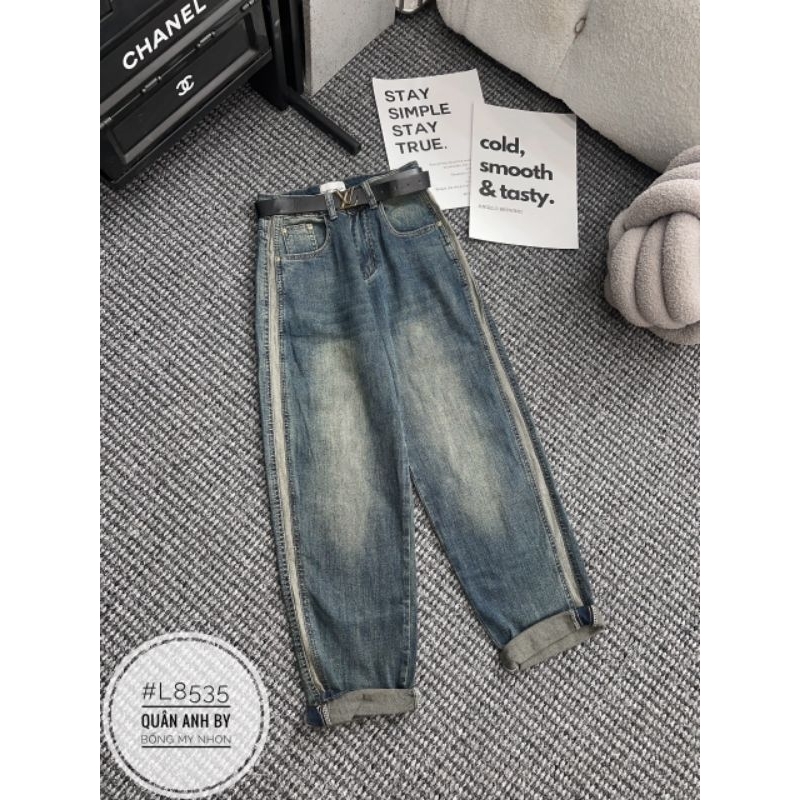 Quần baggy jeans loang viền màu kèm đai hàng QCL1