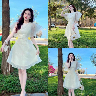 Đầm nữ tay bèo 2 lớp voan đính ngọc ôm eo sang trọng dự tiệc