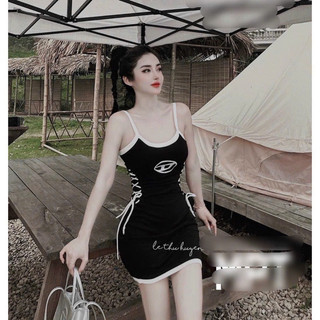Đầm ôm body 2 dây logo chữ d đan dây 2 bên - s5l