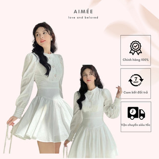 Váy/ Đầm nữ cổ tàu dáng xoè dài tay đi chơi Aimee màu trắng