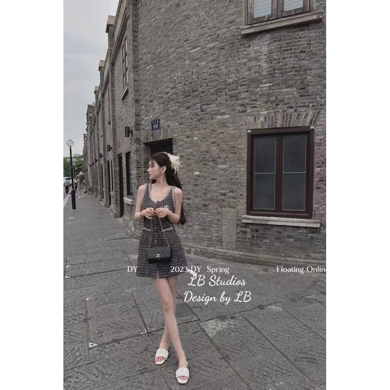 Váy Dạ Sát Nách Caro Viền Nhũ Dây Kết Chaneo Đầm Dạ Tweed Cúc Dọc Kèm Tag Freesize