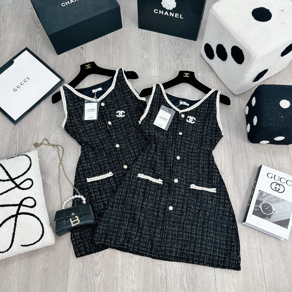 Váy Dạ Sát Nách Caro Viền Nhũ Dây Kết Chaneo Đầm Dạ Tweed Cúc Dọc Kèm Tag Freesize