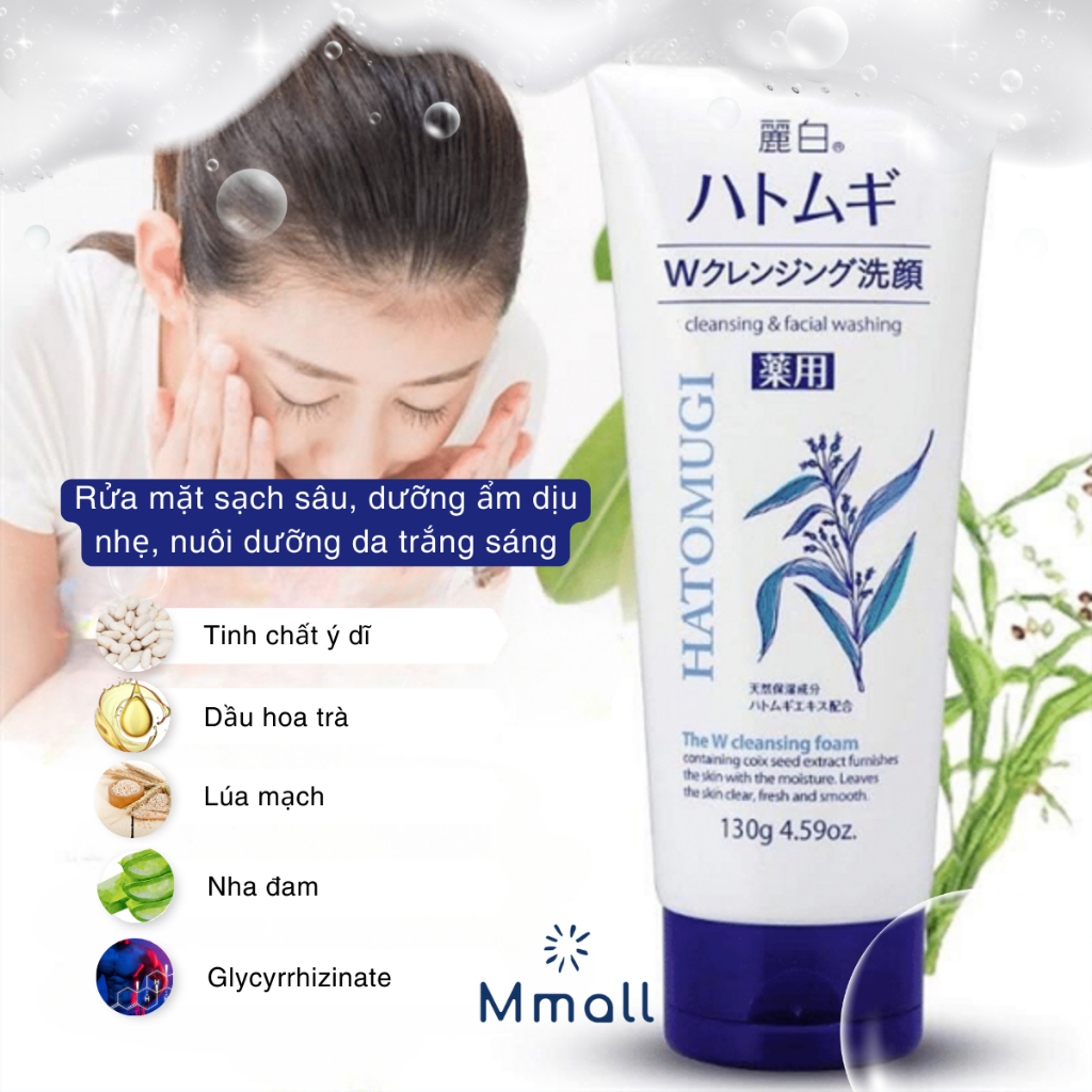 Sữa rửa mặt trắng da Hatomugi Facial Wash chiết xuất ý dĩ cho da dầu mụn Nhật Bản Chính hãng 130g 170g | Mmall.vn