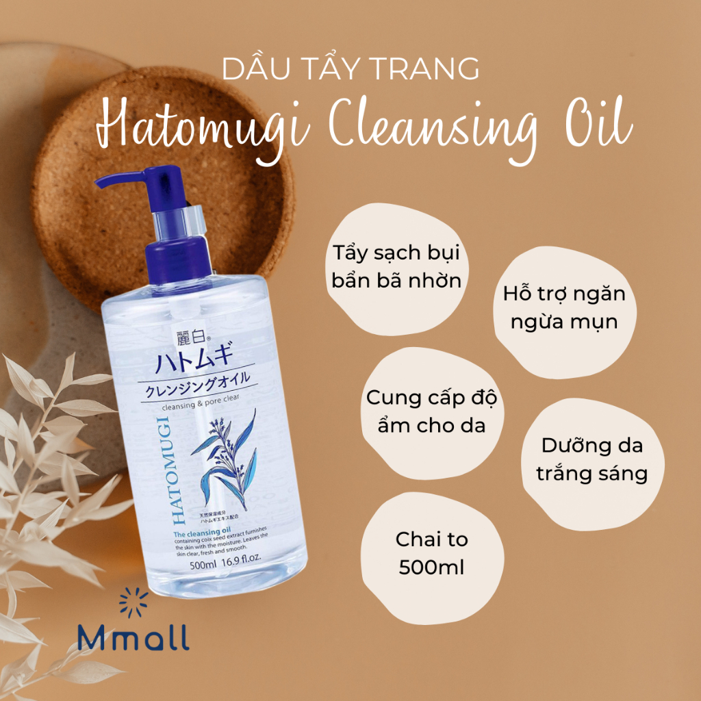 Dầu tẩy trang Hatomugi cho da dầu mụn và da nhạy cảm chiết xuất ý dĩ trắng da Nhật Bản Chính hãng 500ml | Mmall.vn