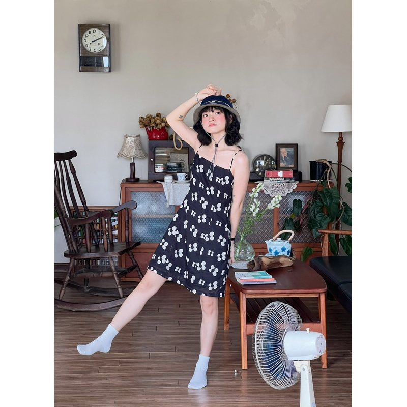 AMEGON Đầm linen tơ hoa 2 dây dáng ngắn HÈ DRESS