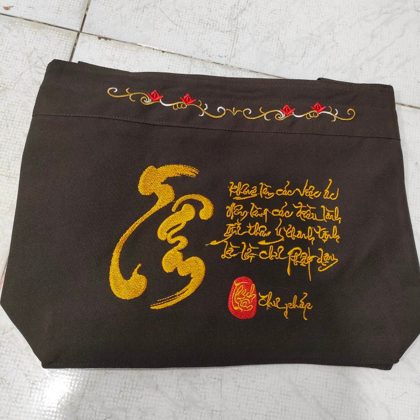 Túi Đi Chùa dành cho Phật Tử cư sĩ có dây rút thêu thư pháp tiện lợi, Túi đi chùa, Túi Thêu Thư Pháp 26x36