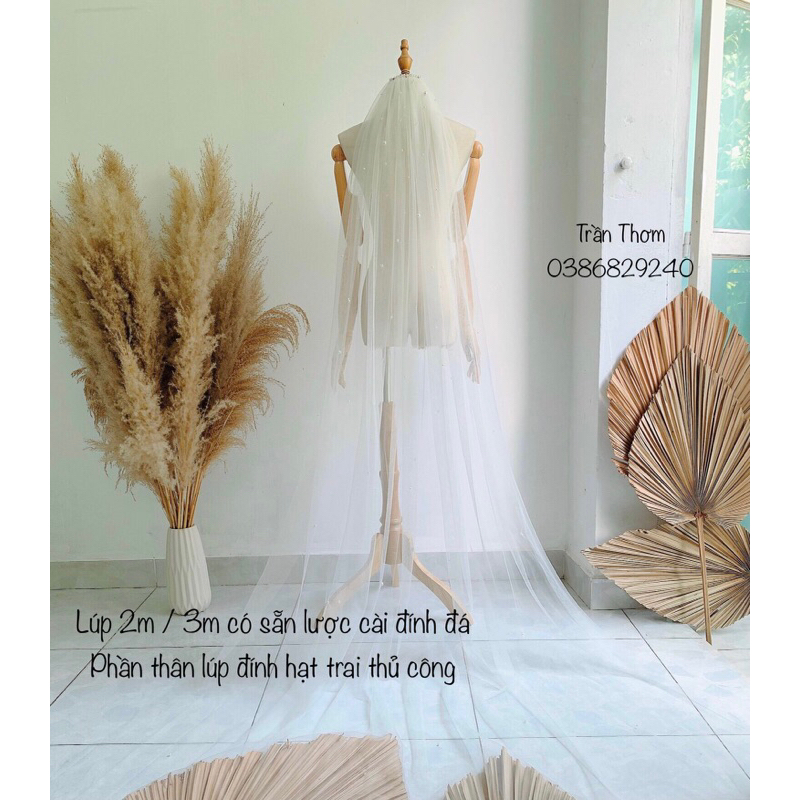 Lúp cô dâu dài 3m,2m mềm đẹp dài thướt tha sẵn lược cài đính đá hạt trai TH10