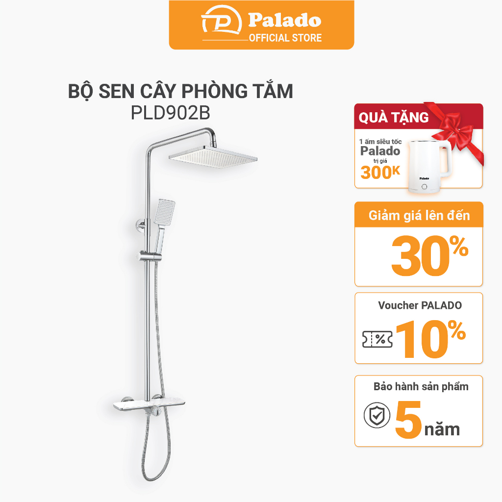 Bộ sen cây nhà tắm Palado PLD902B, lõi đồng nguyên khối, bát sen hình chữ nhật, mạ Crom bóng. Bảo hành chính hãng 05 năm