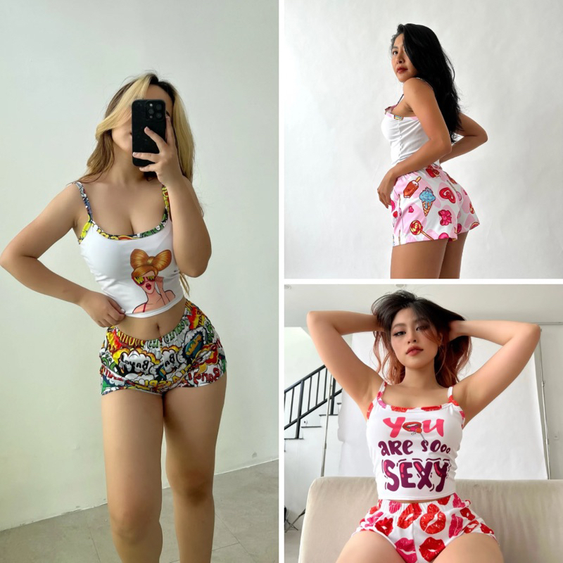 Set áo hai dây croptop và quần đùi ngắn ôm body họa tiết Popart Lovekiutee