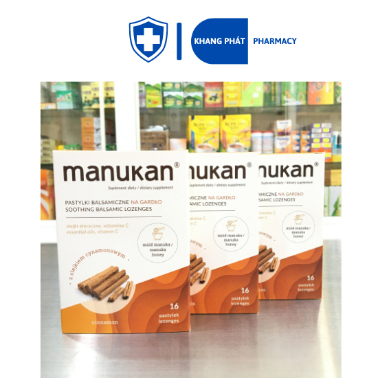 Viên ngậm Manukan Cinnamon - giảm ho, rát họng, khàn tiếng hộp 16 viên