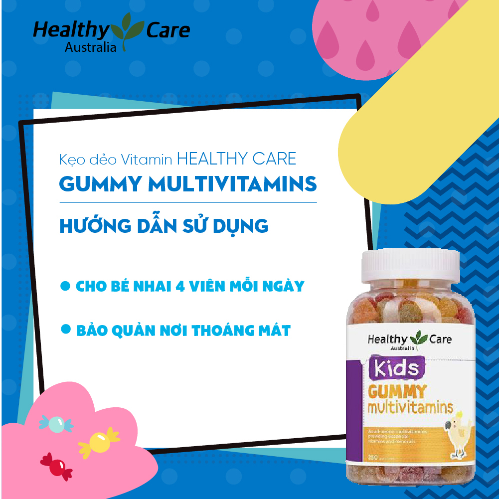 Kẹo dẻo Healthy Care Kids Gummy Omega 3/ Multivitamin, Úc (250 viên) bổ sung chất cho trẻ 2 tuổi trở lên