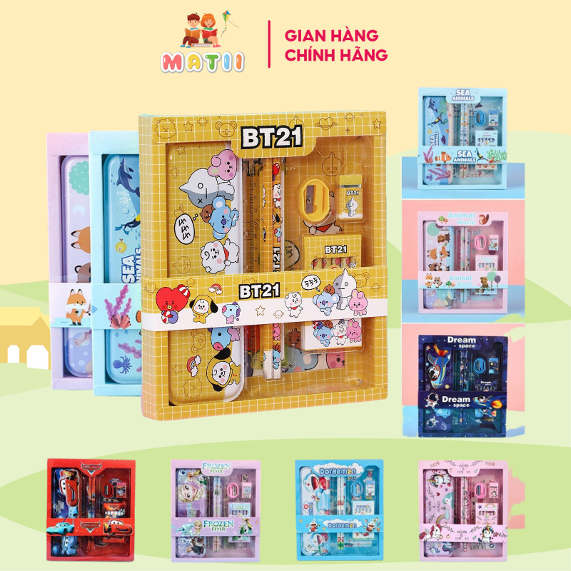 Bộ dụng cụ học tập 7 món Matii gồm hộp bút, bút chì, bút màu, thước, họa tiết hoạt hình cho bé năm học mới