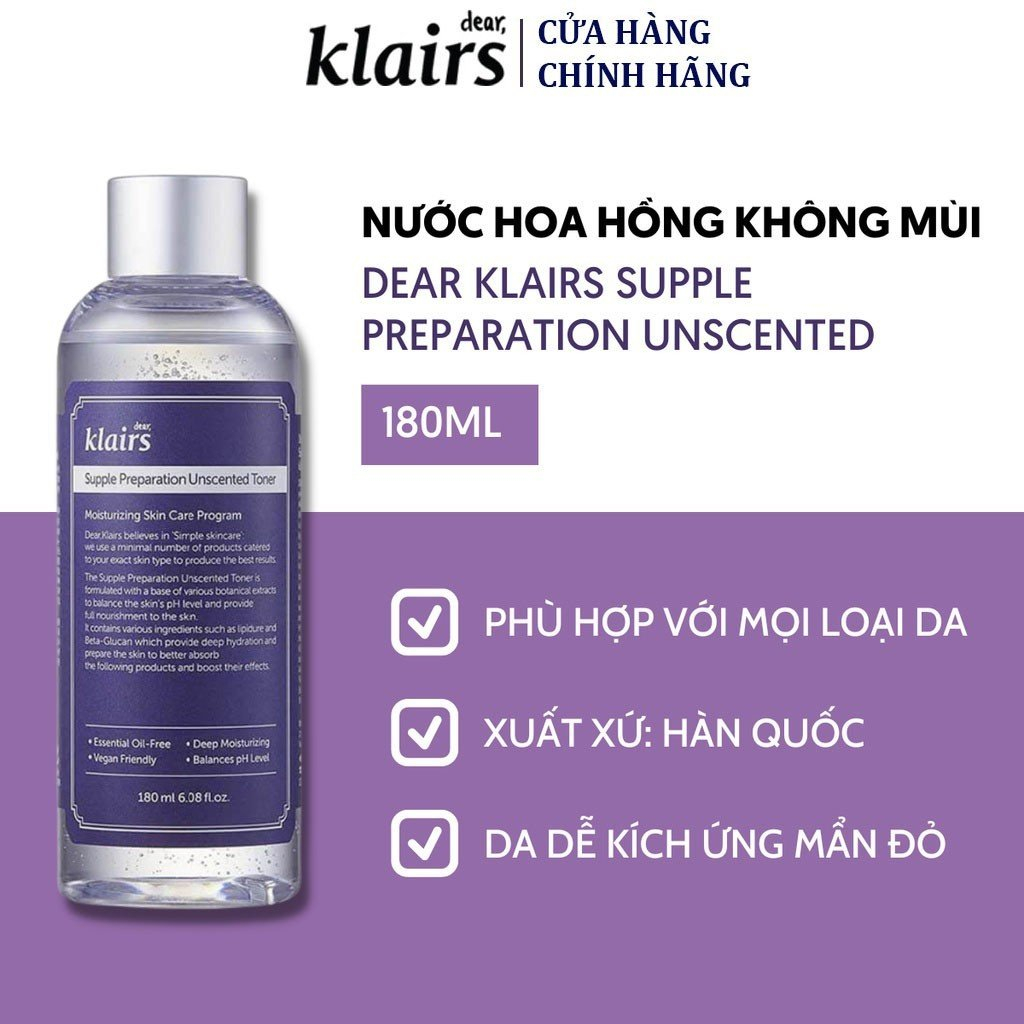 Nước hoa hồng không mùi dưỡng ẩm da và làm mềm da Klairs Supple Preparation Unscented 180ml | BigBuy360 - bigbuy360.vn