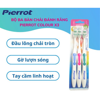 Bộ ba bàn chải đánh răng PIERROT Colour x 3 sắc màu mềm mại làm sạch kẽ răng bảo vệ răng miệng