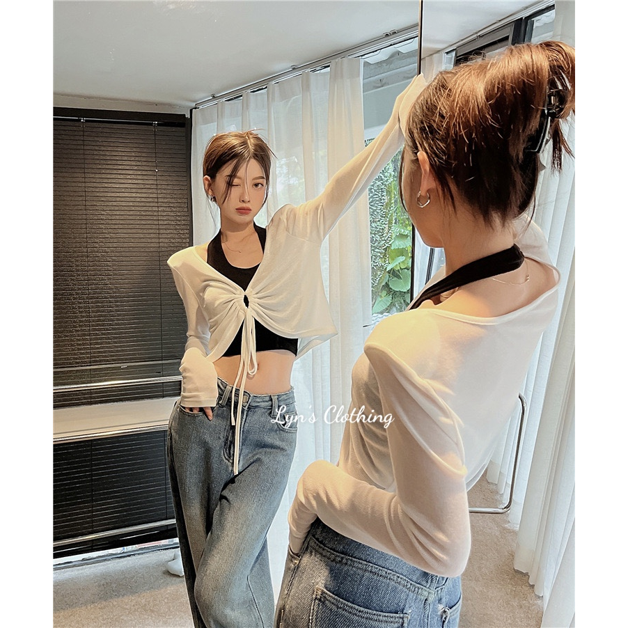 Set áo croptop cổ yếm kèm khoác cadigan dài tay phong cách Vintage Hàn Quốc