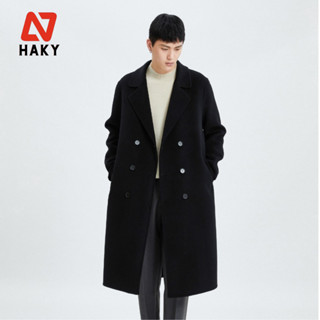 HK412 - Áo khoác dạ măng tô nam 6 cúc HAKY form rộng dáng dài phong cách Hàn Quốc, áo mangto thanh lịch dài tới gối