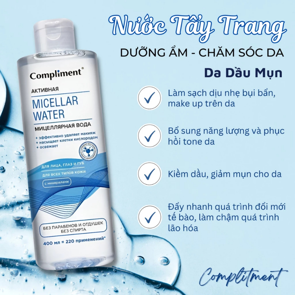 Nước Tẩy Trang Compliment Sạch Sâu Dịu Nhẹ Phù Hợp Mọi Loại Da Micellar Water 400ml