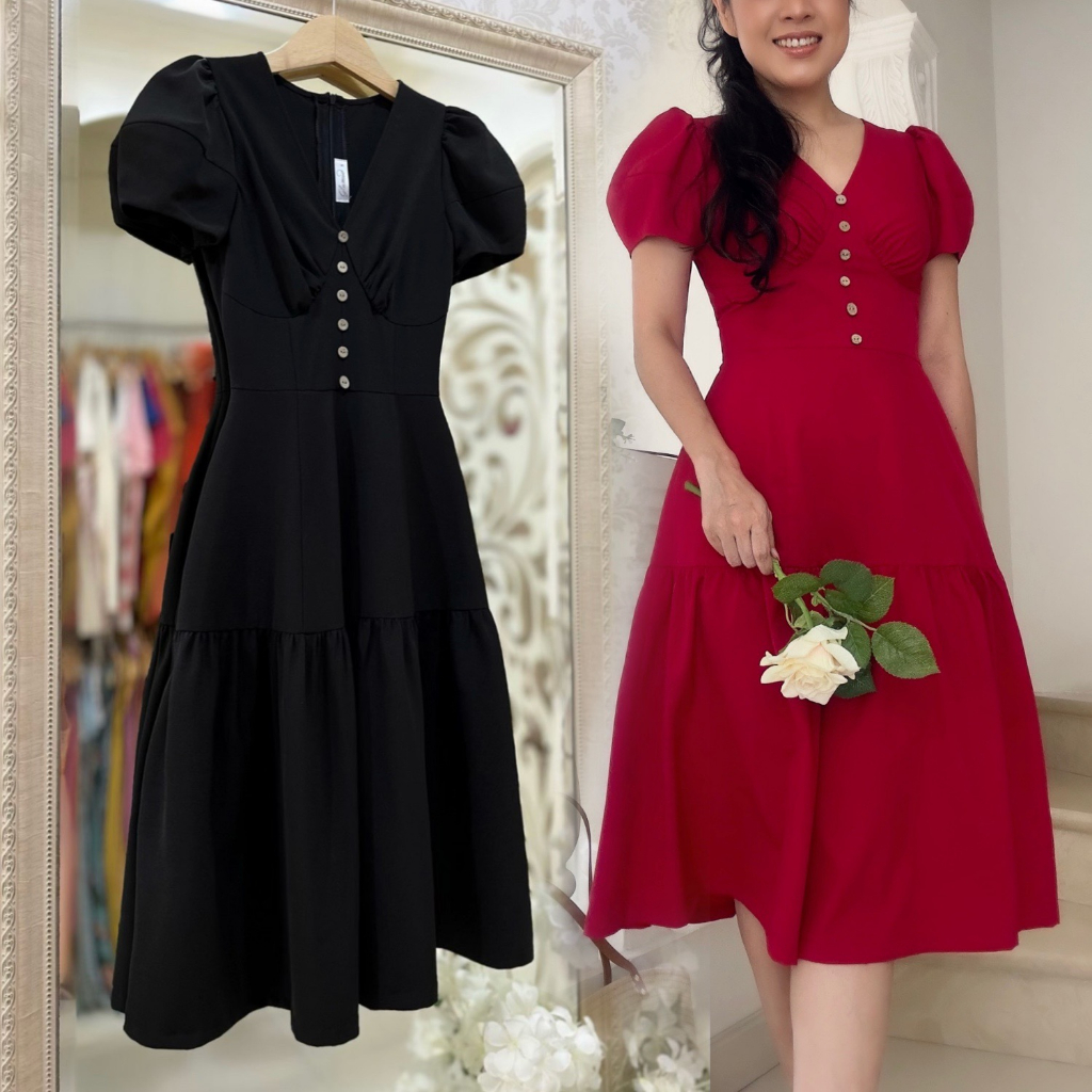Đầm Midi cổ tim tay phồng dún ngực, phối nẹp eo, tùng nối hông _ D2.801