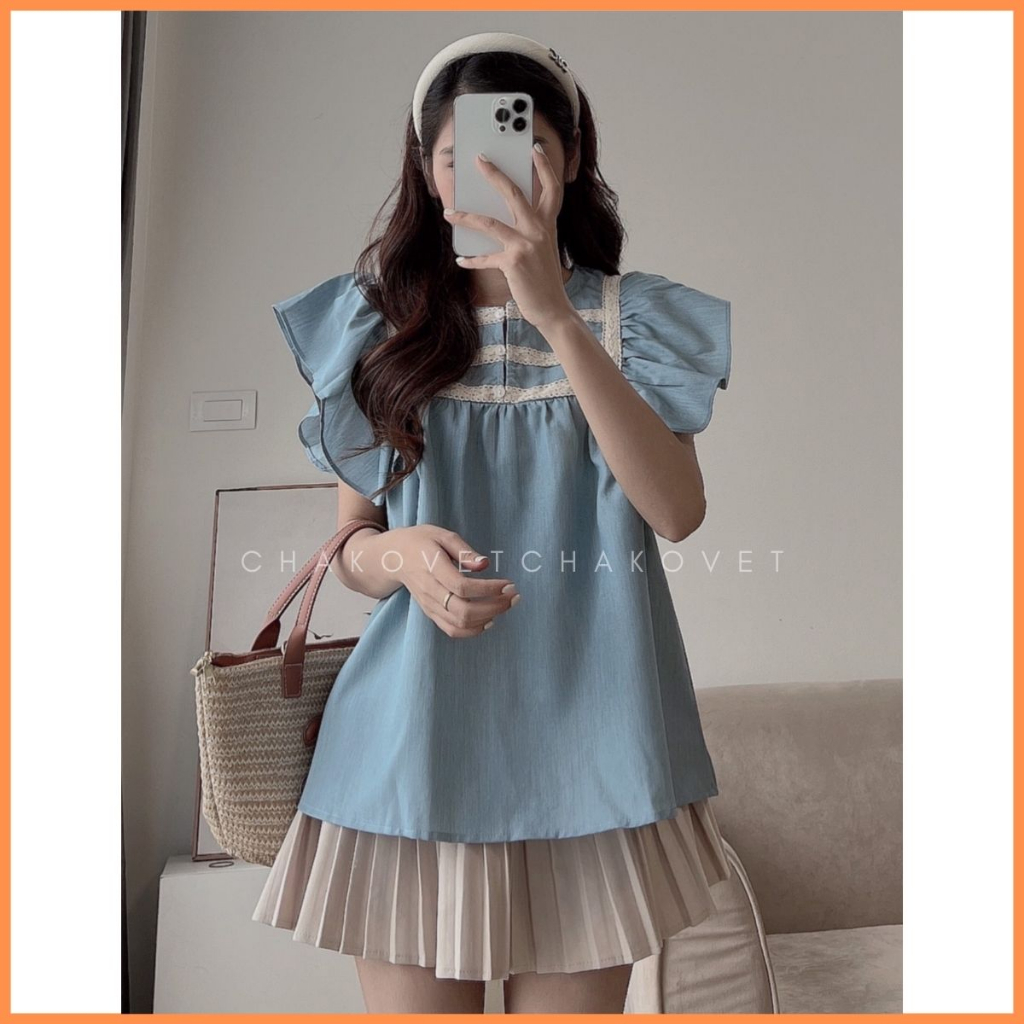 Áo Babydoll Giả Jeans Cánh Tiên Phối Ren 2 Màu Siêu Xinh, Áo Kiểu Nữ Màu Xanh Mặc Đi Học Đi Làm A8713 - Chakovet
