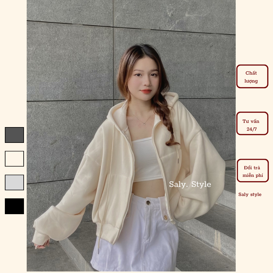 Áo khoác nỉ hoodie SALY dáng ngắn có mũ kéo khoá Aokhoacni003_P6K9