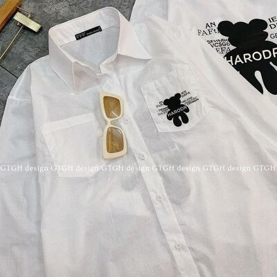 Áo sơ mi gấu in túi ngực in lưng - Áo sơ mi trắng dài tay TONGKHOSI