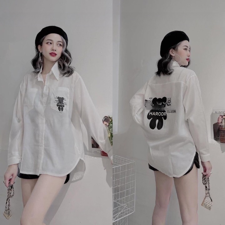 Áo sơ mi gấu in túi ngực in lưng - Áo sơ mi trắng dài tay TONGKHOSI