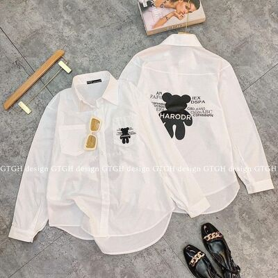 Áo sơ mi gấu in túi ngực in lưng - Áo sơ mi trắng dài tay TONGKHOSI