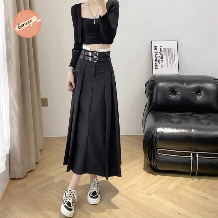 Chân váy dài xếp ly 2 đai Goness dáng chữ a bigsize cạp lưng cao phong cách Ulzzang tennis xòe midi xếp li độc đáo