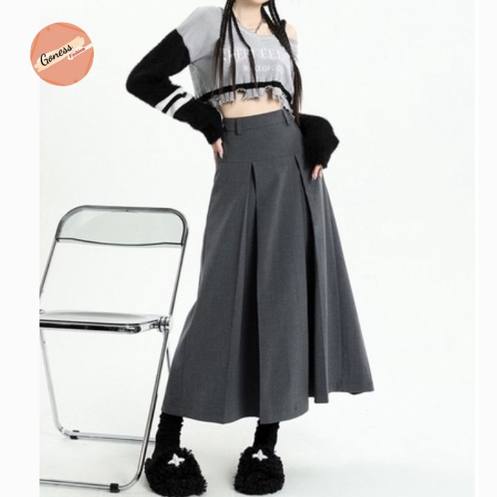 Chân váy dài xếp ly 2 kiểu Goness dáng chữ a bigsize cạp lưng cao phong cách tennis xòe midi xếp li kèm đai thời trang