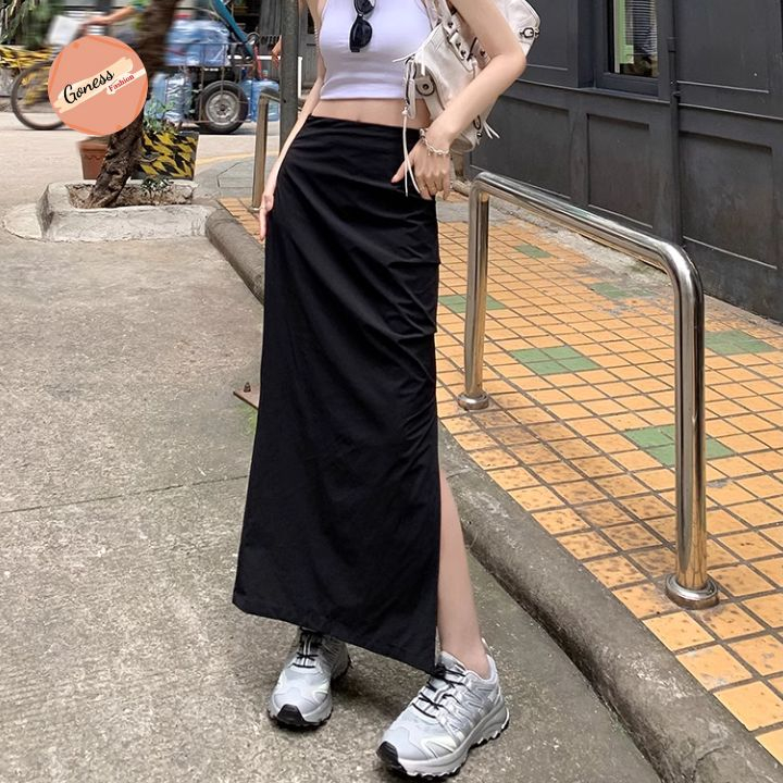 Chân váy dài Goness dáng chữ a midi bigsize lưng cạp cao phong cách công sở body thiết kế xẻ dúm cạnh vải kaki ulzang