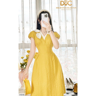 VÁY TAFTA NỮ THIẾT KẾ, VÁY VÀNG PHỐI HOA VAI CỔ V THANH LỊCH V4048 - DVC