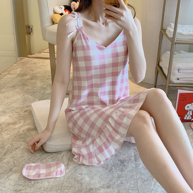 Váy ngủ hai dây sexy, đầm ngủ thun cotton hoạt hình mềm  không có đệm ngực dễ thương