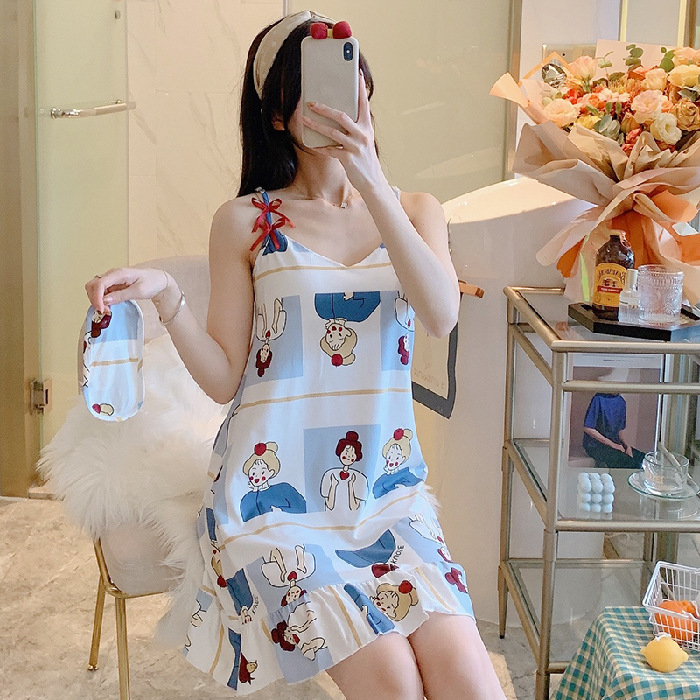 Váy ngủ hai dây sexy, đầm ngủ thun cotton hoạt hình mềm  không có đệm ngực dễ thương