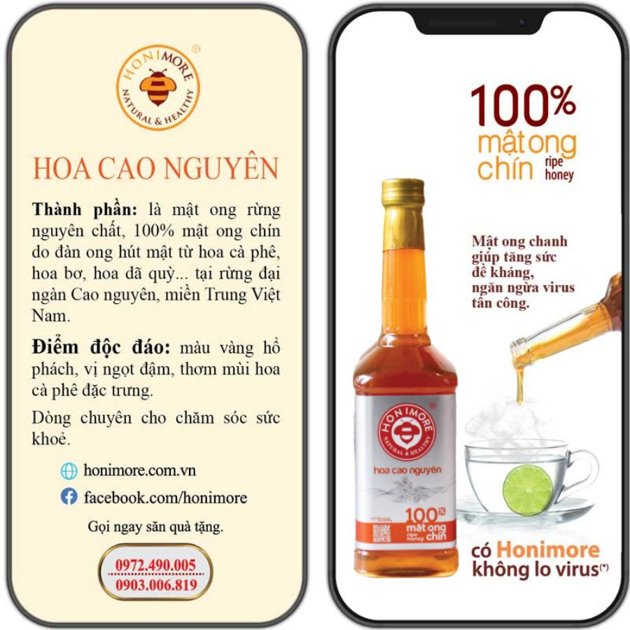 Set 2 chai + tặng 1 chai cùng loại: Mật ong nguyên chất Hoa Cao Nguyên Honimore 630g - 100% mật ong rừng