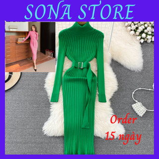 Váy body len dáng dài đầm ôm nữ sexy cổ cao gợi cảm sang chảnh tiểu thư bánh bèo hàng quảng châu cao cấp SONA STORE
