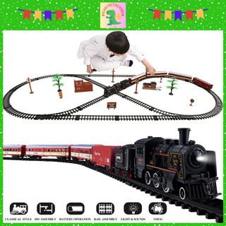 Tàu hỏa cổ điển nhả khói, mô hình xe lửa chạy đường ray, tàu hỏa đồ chơi lắp ráp đường ray